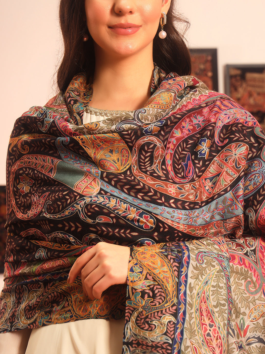Pashmoda Women Rangmehal Fine Wool Fabric Pashmina Kalamkari Embroidered Shawl (Size: 101x203 CM)