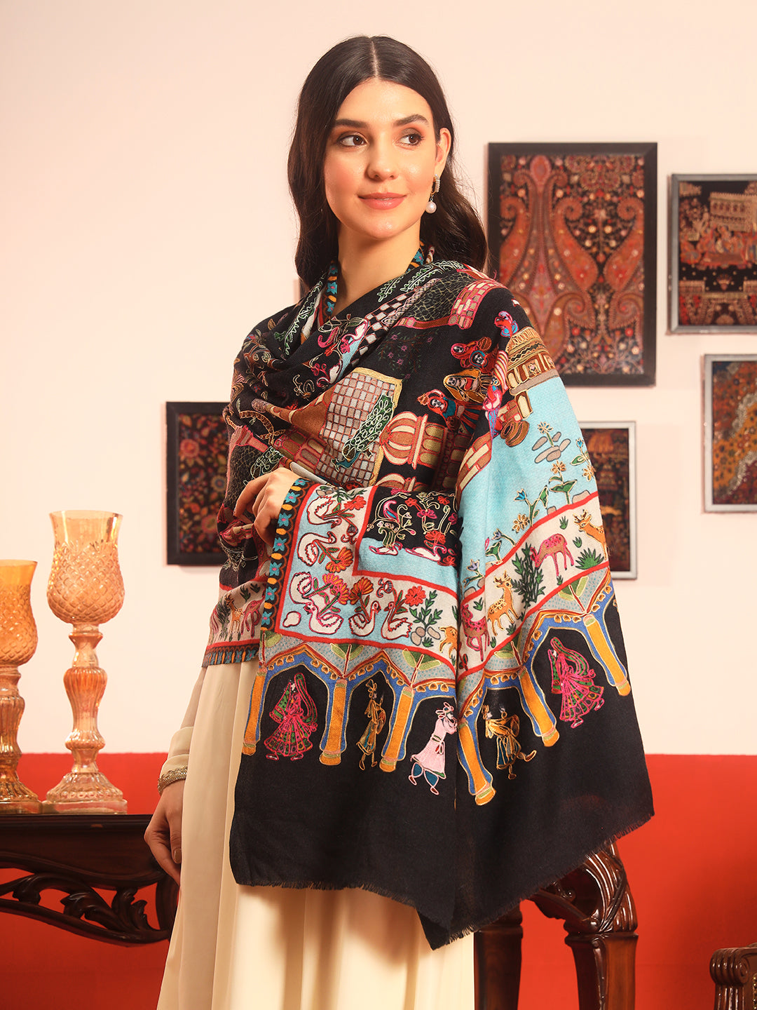 Pashmoda Women Mughal Bagh 100% Pure Wool Fabric Kalamkari Embroidered Shawl (Size: 101x203cm)