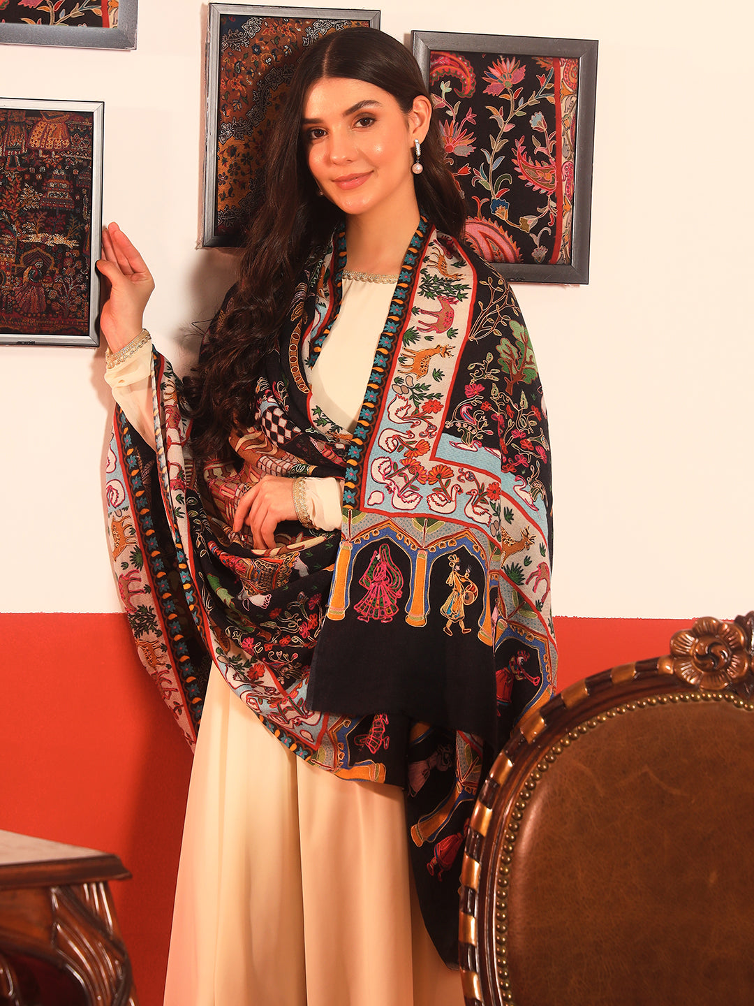 Pashmoda Women Mughal Bagh 100% Pure Wool Fabric Kalamkari Embroidered Shawl (Size: 101x203cm)