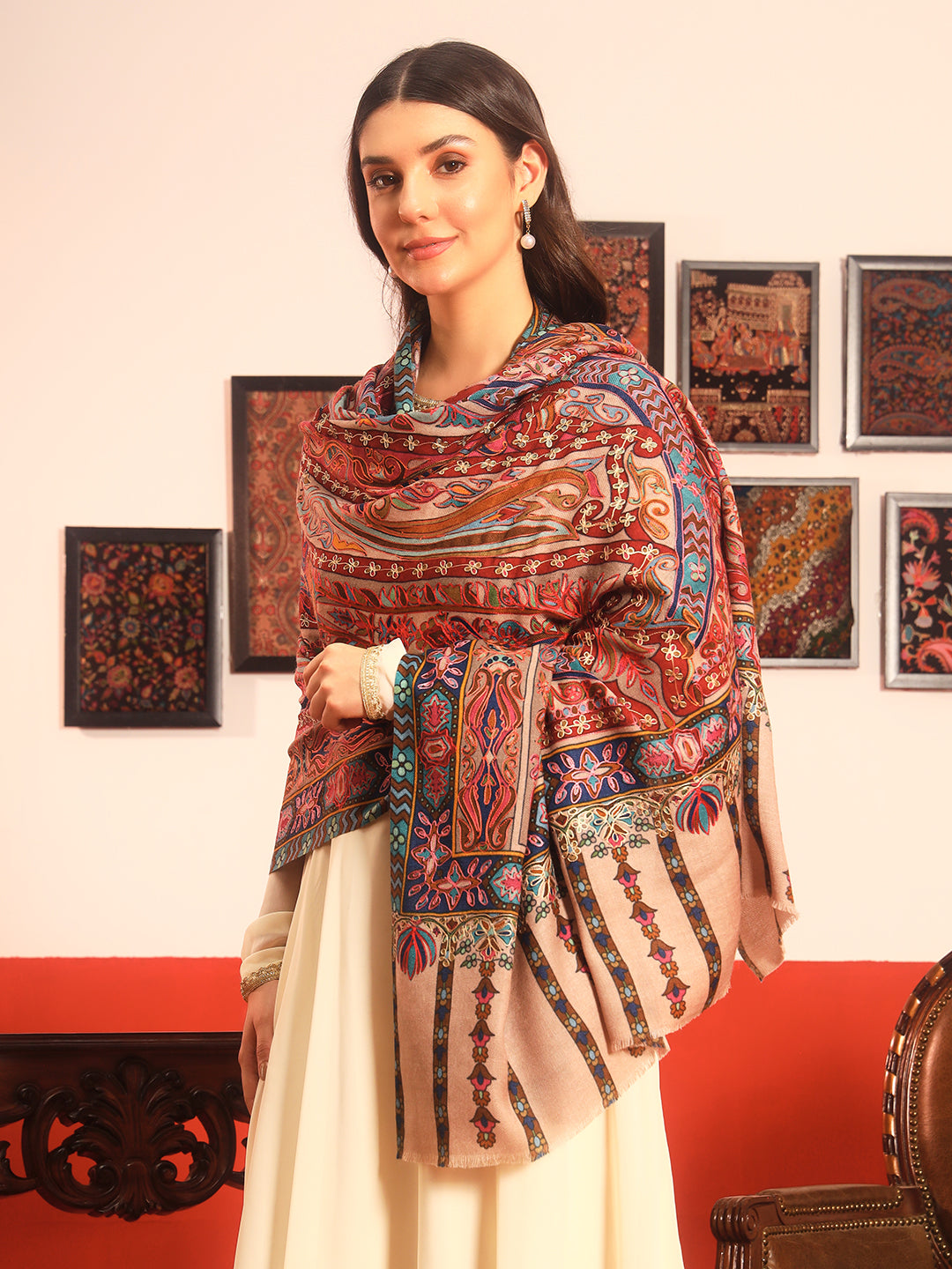 Pashmoda Women Rangrez Rangkalam  100% Pure Wool Fabric Kalamkari Embroidered Shawl (Size:101x203 cm)