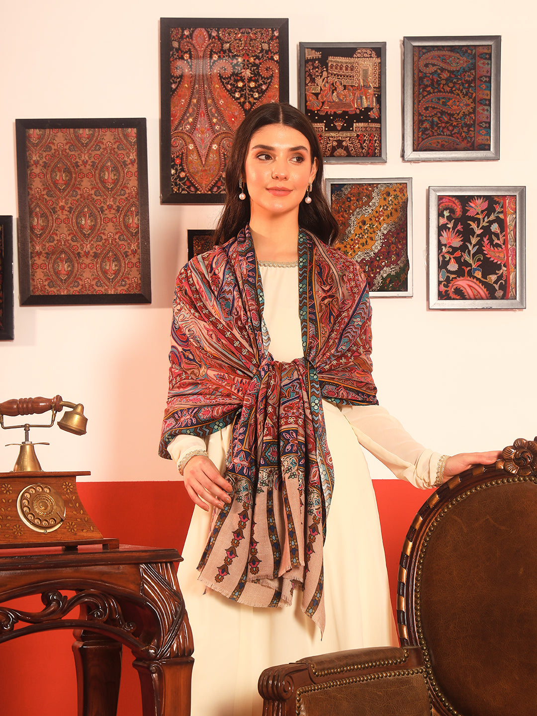 Pashmoda Women Rangrez Rangkalam  100% Pure Wool Fabric Kalamkari Embroidered Shawl (Size:101x203 cm)