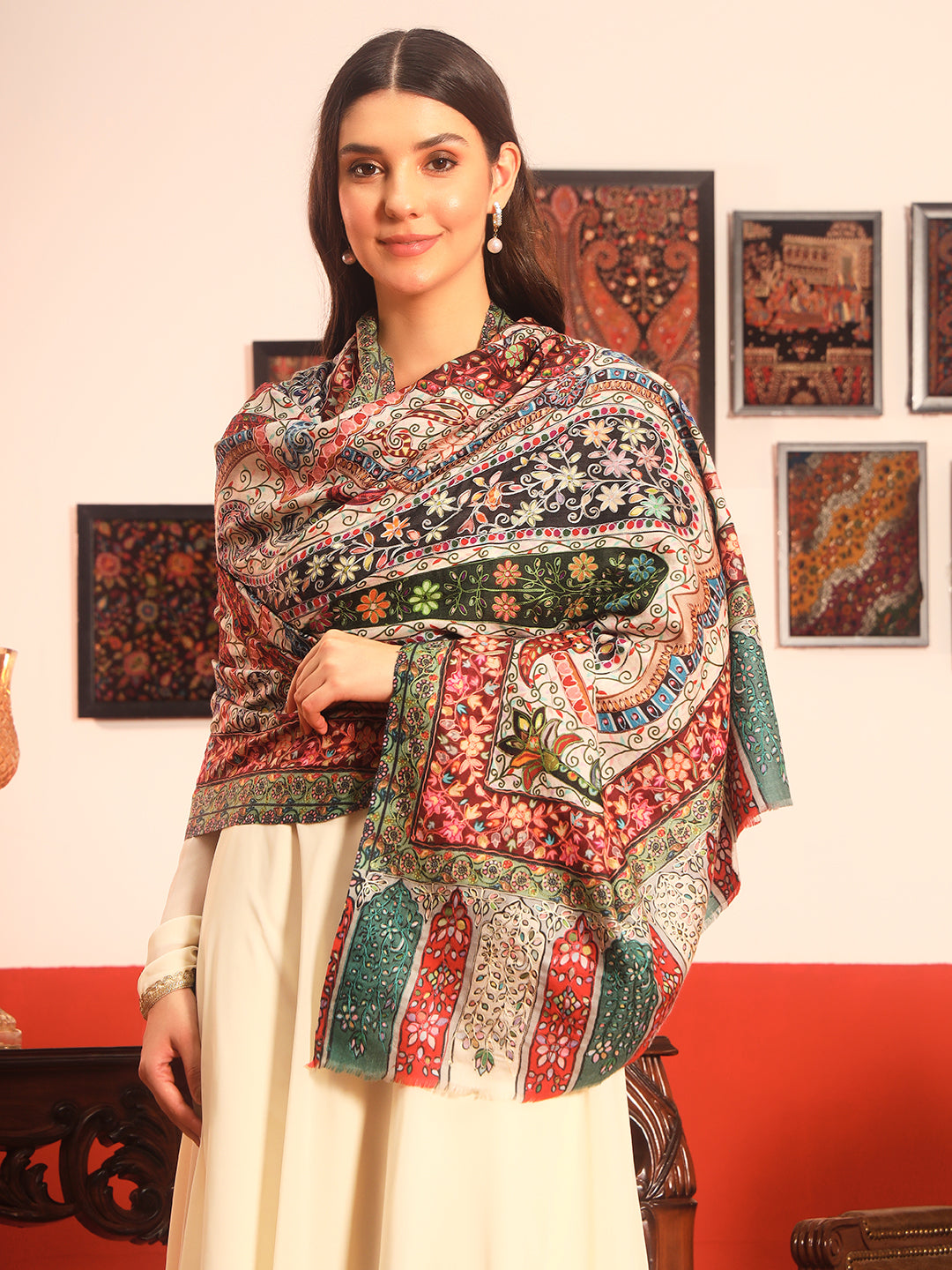 Pashmoda Women Naqshkaar Fine Wool Fabric Pashmina Kalamkari Embroidered Shawl (Size: 101x203 CM)