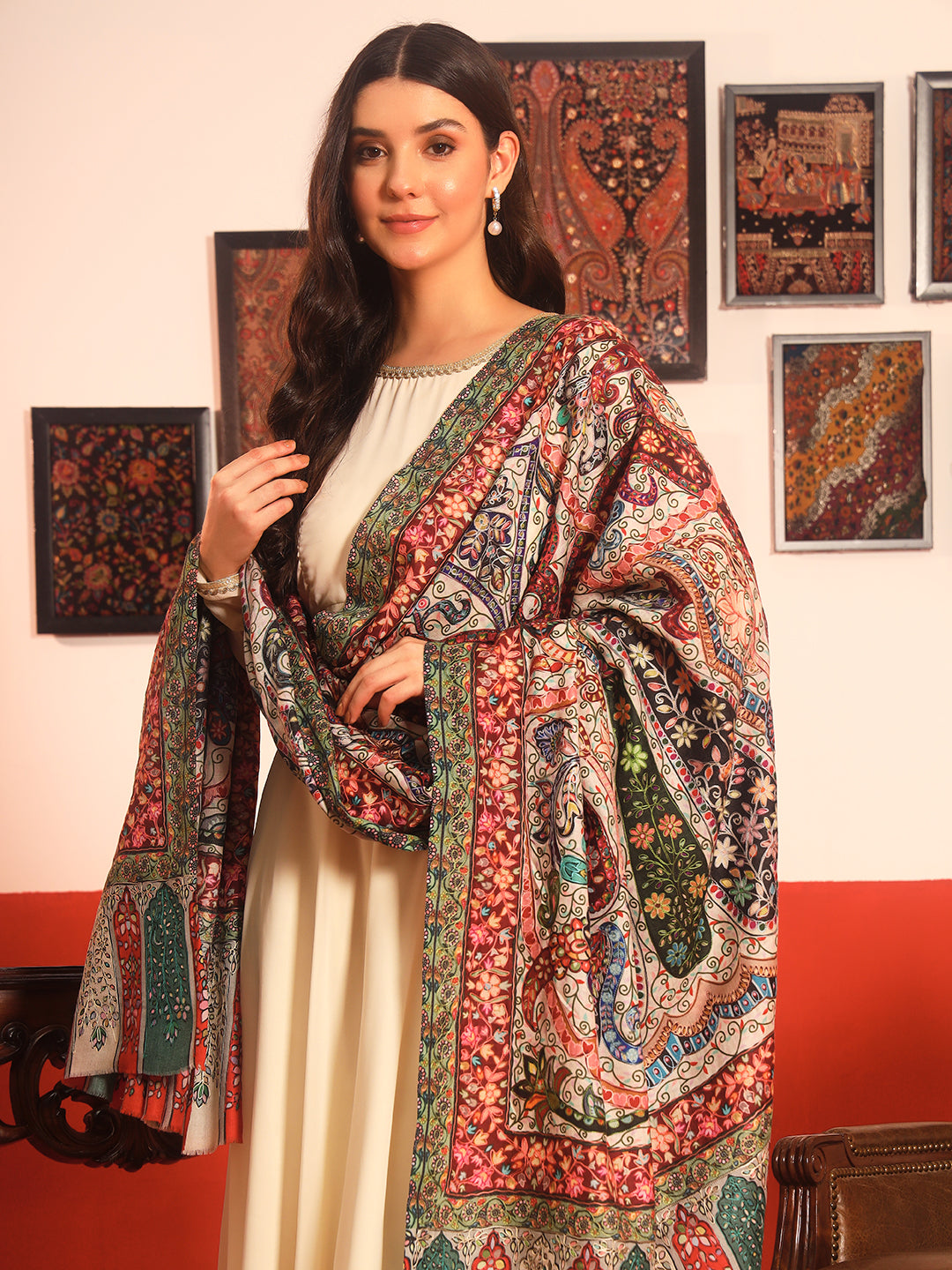 Pashmoda Women Naqshkaar Fine Wool Fabric Pashmina Kalamkari Embroidered Shawl (Size: 101x203 CM)