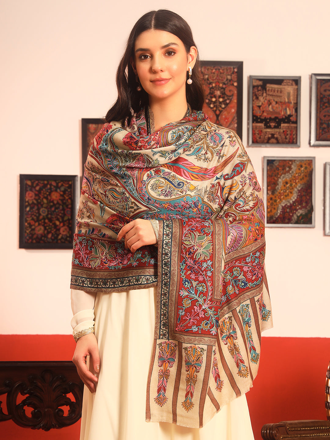 Pashmoda Women Rangkalam  100% Pure Wool Fabric Kalamkari Embroidered Shawl (Size: 101x203 CM)