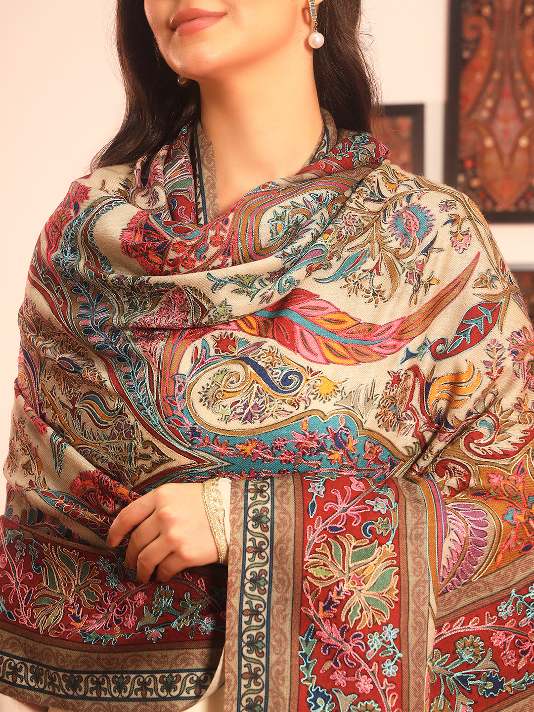 Pashmoda Women Rangkalam  100% Pure Wool Fabric Kalamkari Embroidered Shawl (Size: 101x203 CM)