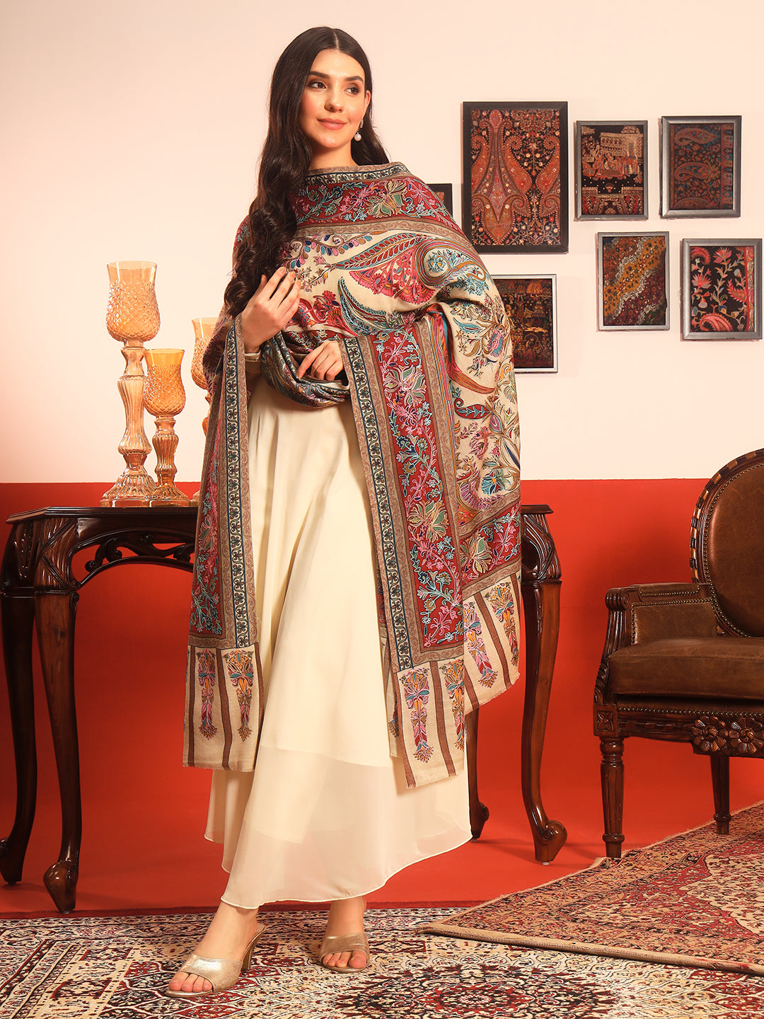 Pashmoda Women Rangkalam  100% Pure Wool Fabric Kalamkari Embroidered Shawl (Size: 101x203 CM)