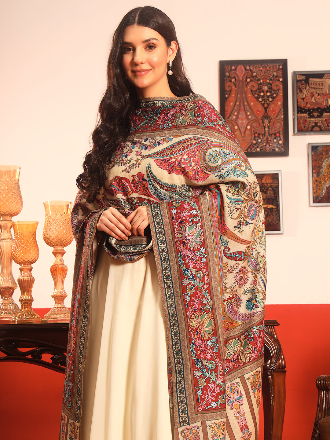 Pashmoda Women Rangkalam  100% Pure Wool Fabric Kalamkari Embroidered Shawl (Size: 101x203 CM)