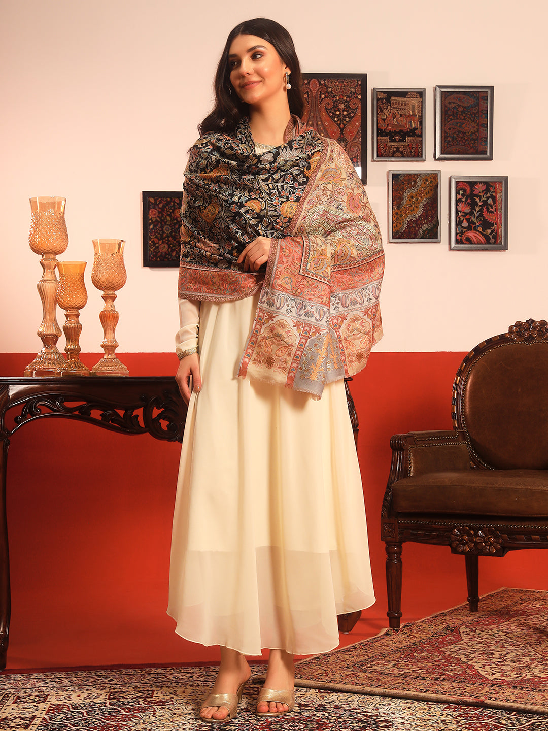 Pashmoda Women Guldasta Fine Wool Fabric Pashmina Kalamkari Embroidered Shawl (Size: 101x203 CM)