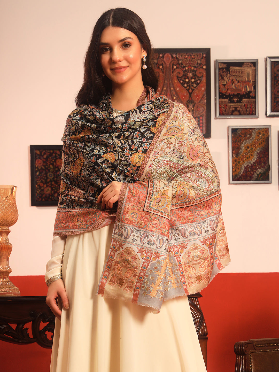 Pashmoda Women Guldasta Fine Wool Fabric Pashmina Kalamkari Embroidered Shawl (Size: 101x203 CM)