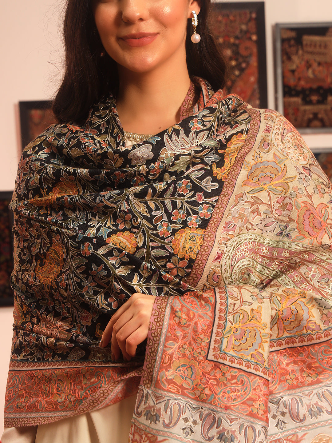 Pashmoda Women Guldasta Fine Wool Fabric Pashmina Kalamkari Embroidered Shawl (Size: 101x203 CM)