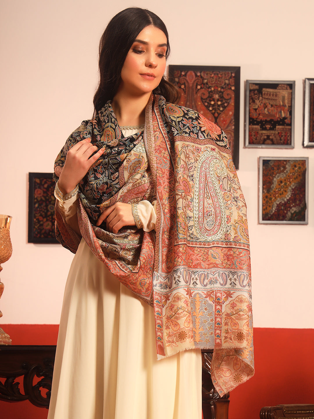 Pashmoda Women Guldasta Fine Wool Fabric Pashmina Kalamkari Embroidered Shawl (Size: 101x203 CM)