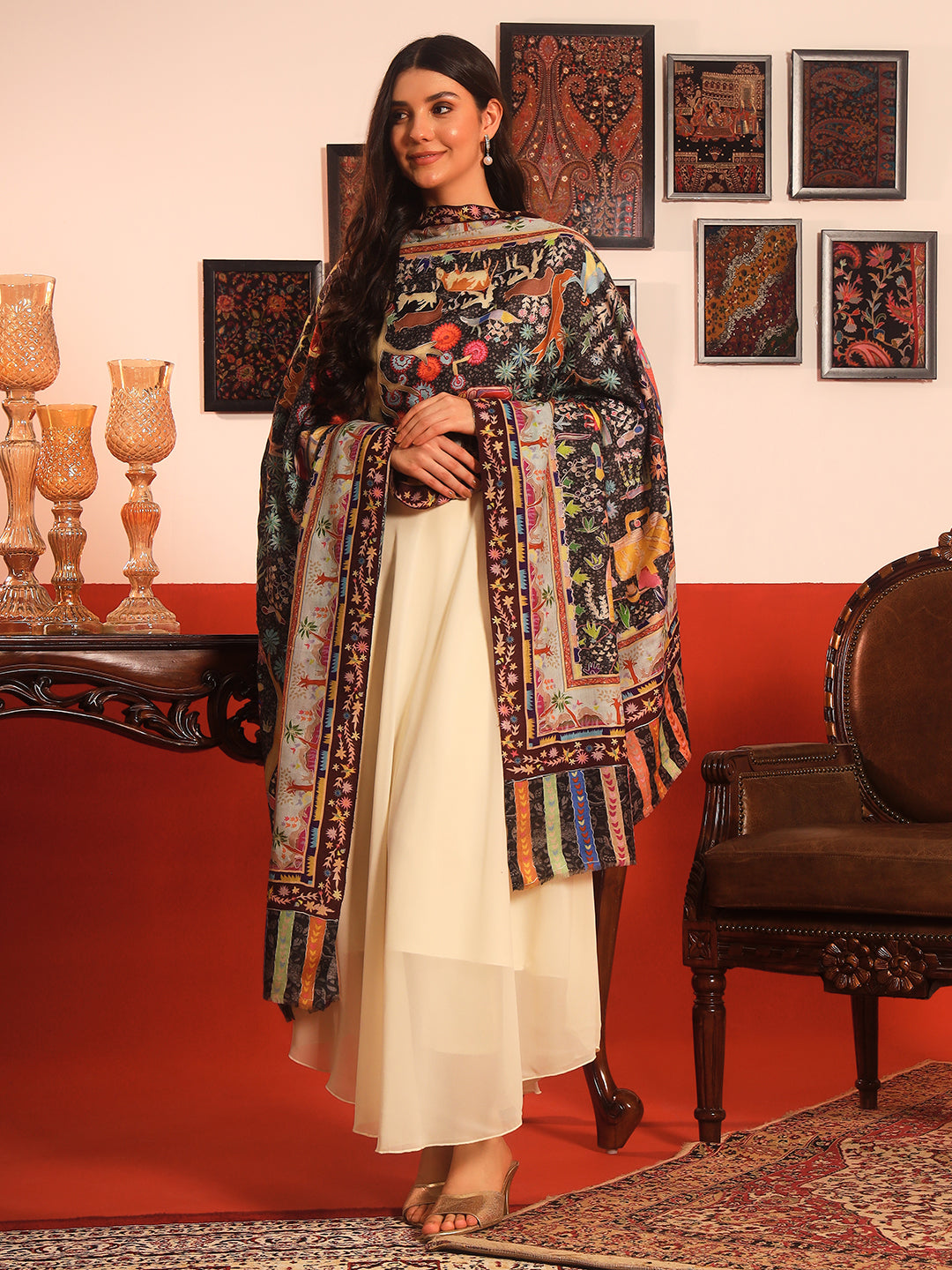 Pashmoda Women Naqshkaar Fine Wool Fabric Pashmina Kalamkari Embroidered Shawl (Size: 101x203 CM)