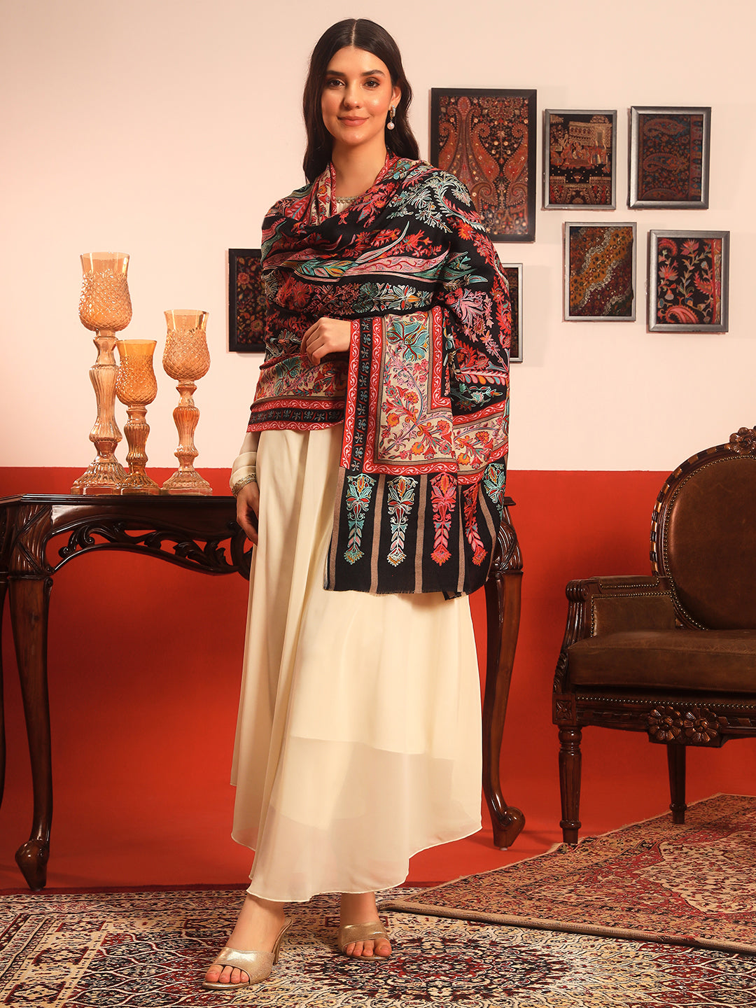 Pashmoda Women Rangkalam  100% Pure Wool Fabric Kalamkari Embroidered Shawl (Size: 101x203 CM)