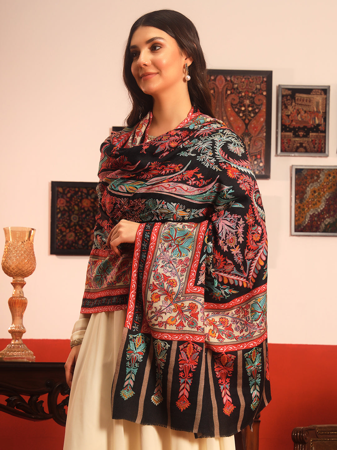 Pashmoda Women Rangkalam  100% Pure Wool Fabric Kalamkari Embroidered Shawl (Size: 101x203 CM)