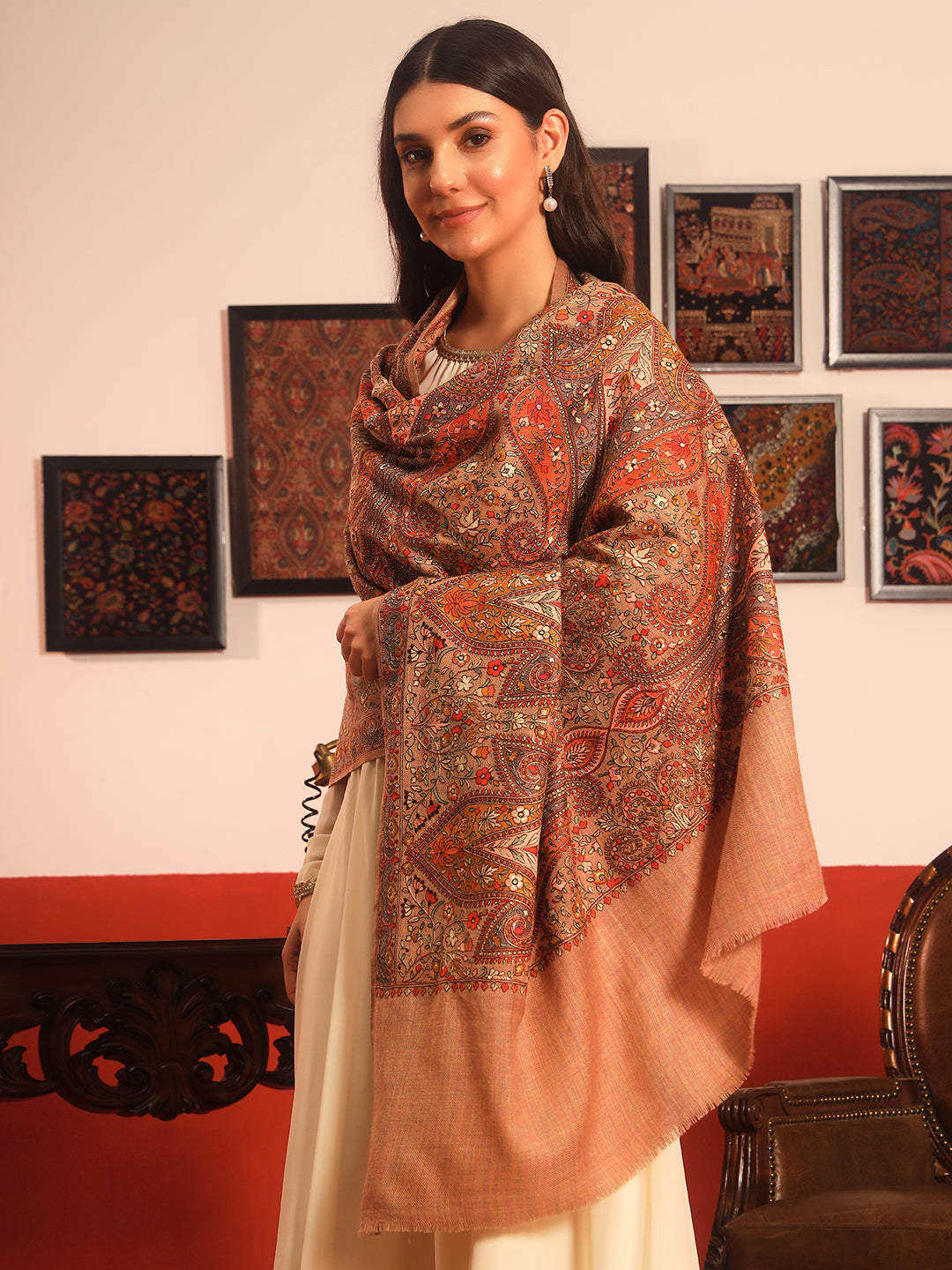 Pashmoda Women Mahnoor 100% Pure Wool Sozni Hand Embroidered Shawl (Size: 101x203 Cm)