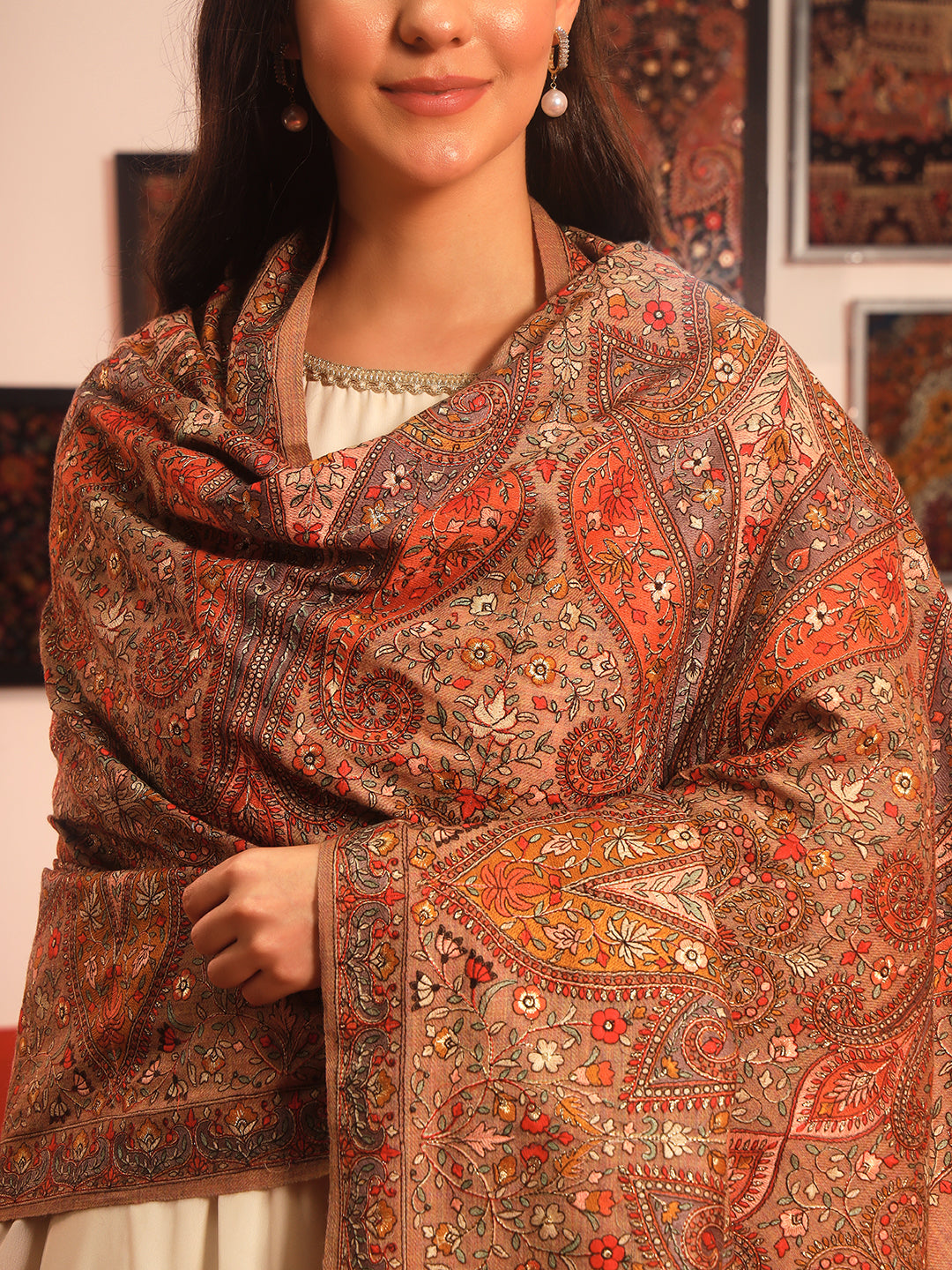 Pashmoda Women Mahnoor 100% Pure Wool Sozni Hand Embroidered Shawl (Size: 101x203 Cm)