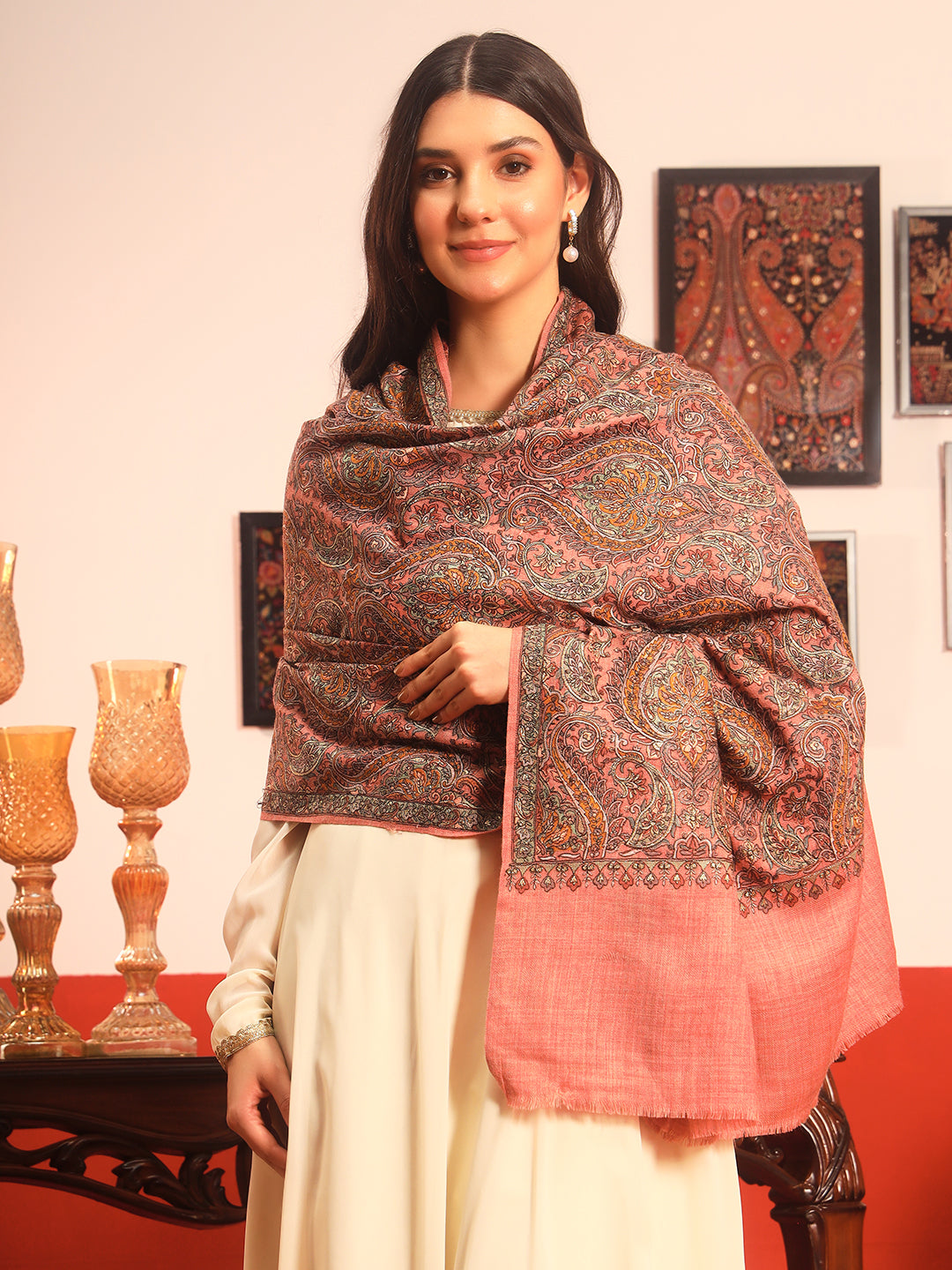 Pashmoda Women Rehnan 100% Pure Wool Sozni Hand Embroidered Shawl (Size: 101x203 Cm)