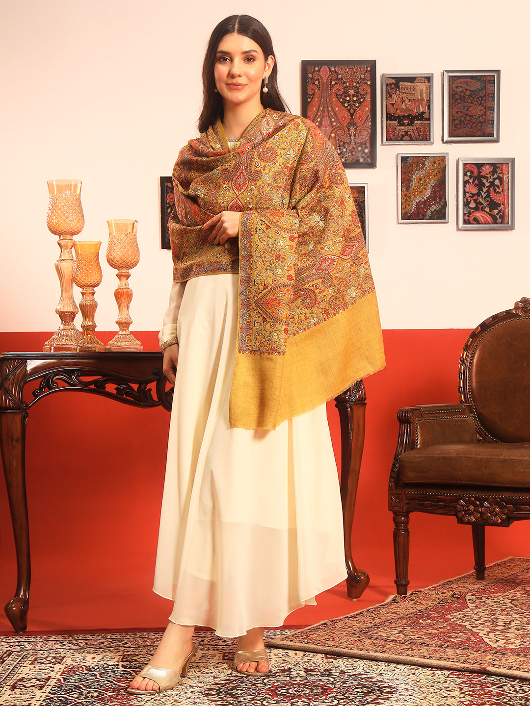 Pashmoda Women Mahnoor 100% Pure Wool Sozni Hand Embroidered Shawl (Size: 101x203 Cm)