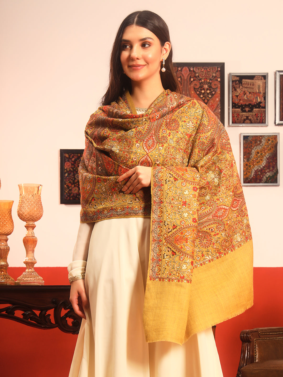 Pashmoda Women Mahnoor 100% Pure Wool Sozni Hand Embroidered Shawl (Size: 101x203 Cm)