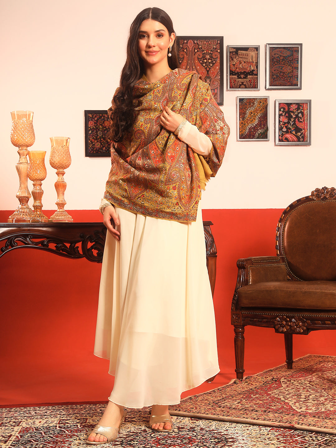 Pashmoda Women Mahnoor 100% Pure Wool Sozni Hand Embroidered Shawl (Size: 101x203 Cm)