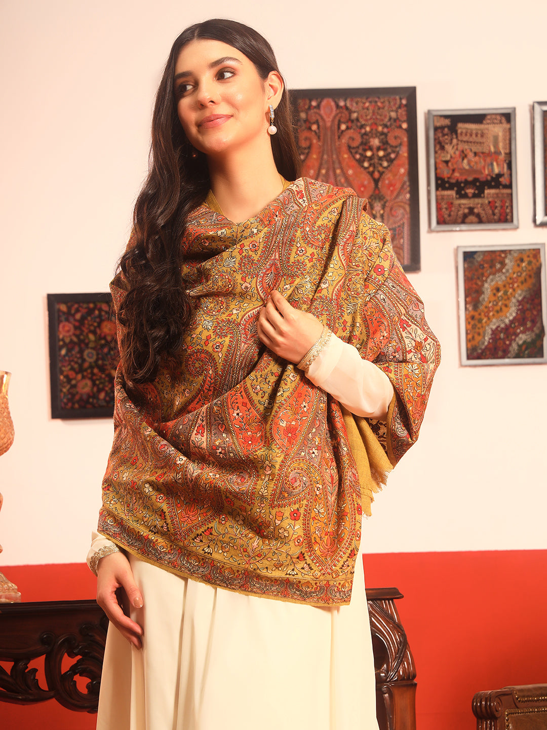 Pashmoda Women Mahnoor 100% Pure Wool Sozni Hand Embroidered Shawl (Size: 101x203 Cm)