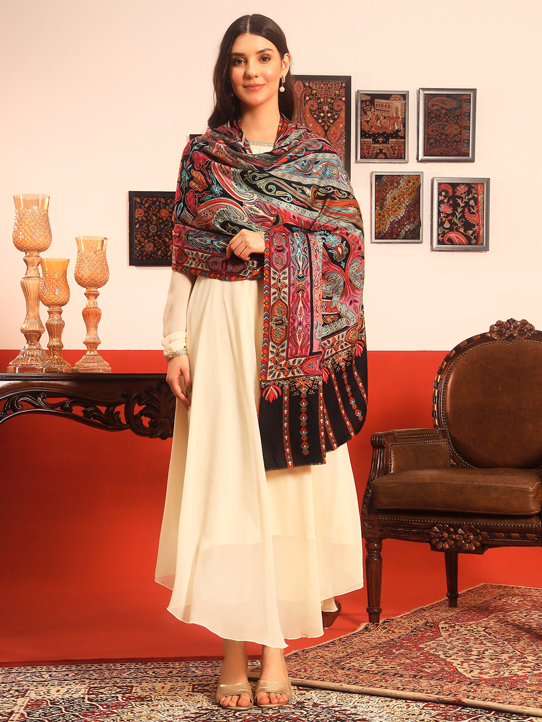 Pashmoda Women Rangrez Rangkalam  100% Pure Wool Fabric Kalamkari Embroidered Shawl (Size:101x203 cm)