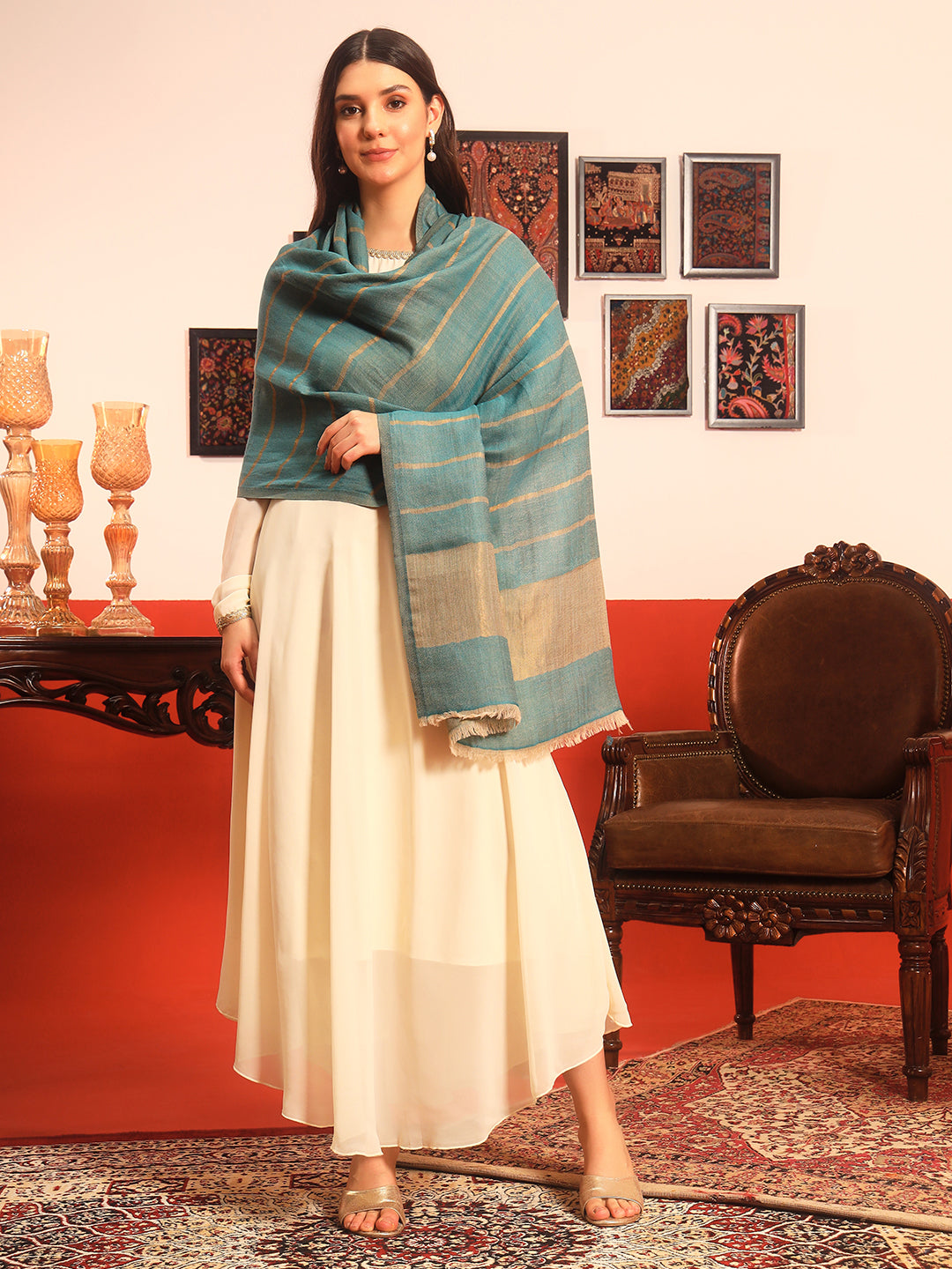 Pashmoda Women Parallel Grace Reversible Zari Moonlight Fine Wool Stole (Size: 71x203 Cm)