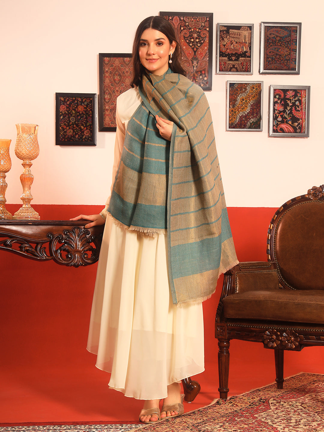 Pashmoda Women Parallel Grace Reversible Zari Moonlight Fine Wool Stole (Size: 71x203 Cm)