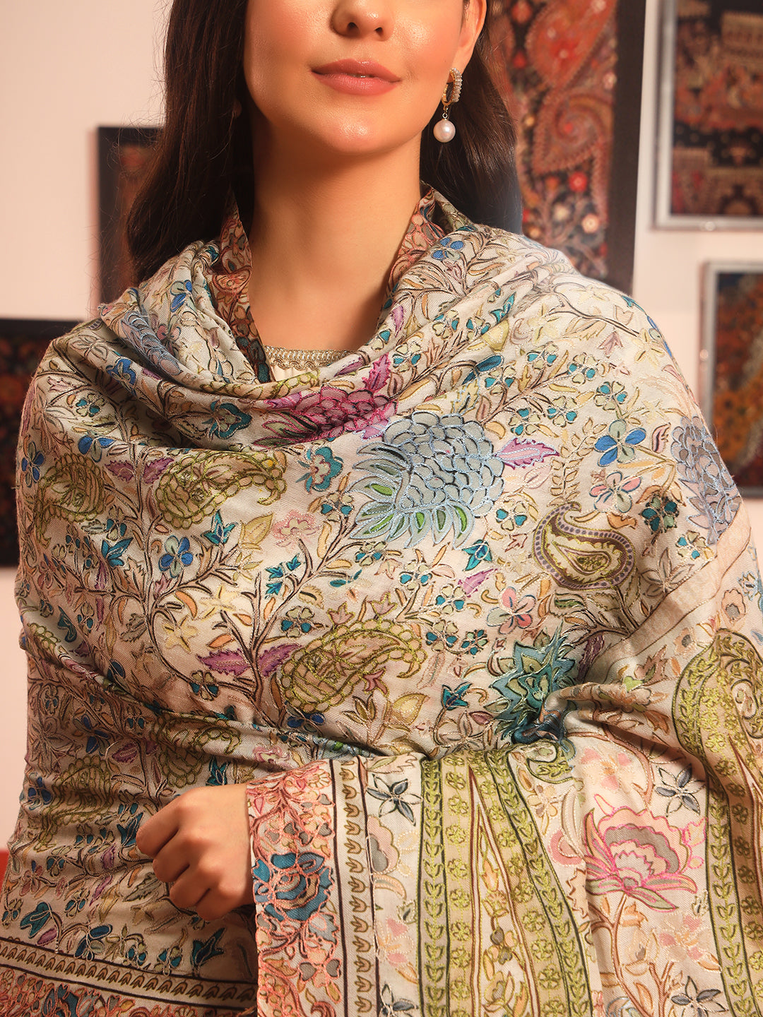 Pashmoda Women Rangkaar Fine Wool Fabric Pashmina Kalamkari Embroidered Shawl (Size: 101x203 CM)
