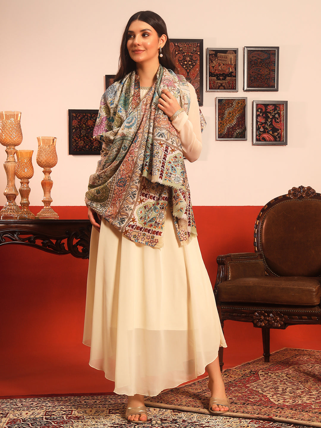 Pashmoda Women Rangkaar Fine Wool Fabric Pashmina Kalamkari Embroidered Shawl (Size: 101x203 CM)