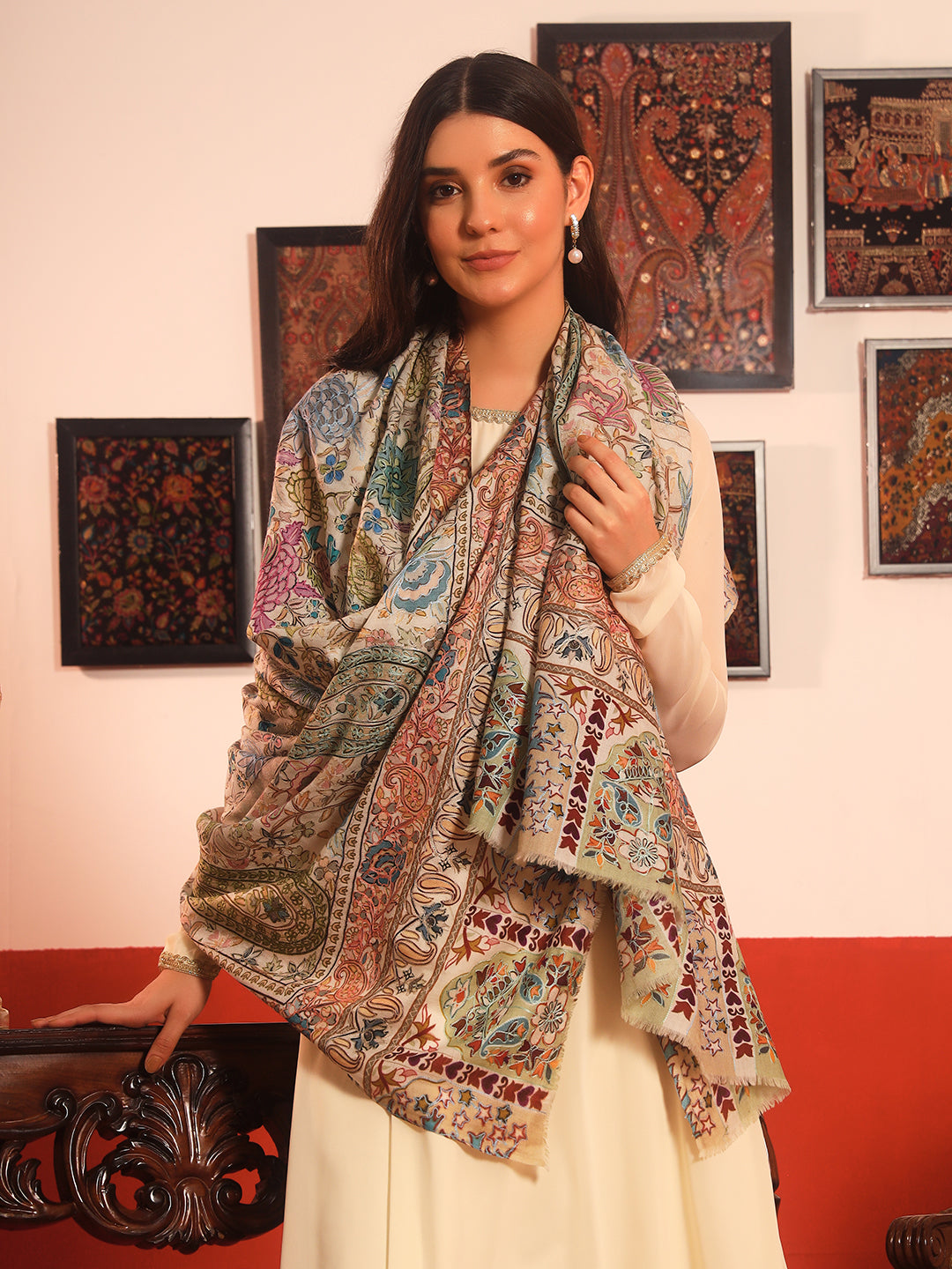 Pashmoda Women Rangkaar Fine Wool Fabric Pashmina Kalamkari Embroidered Shawl (Size: 101x203 CM)