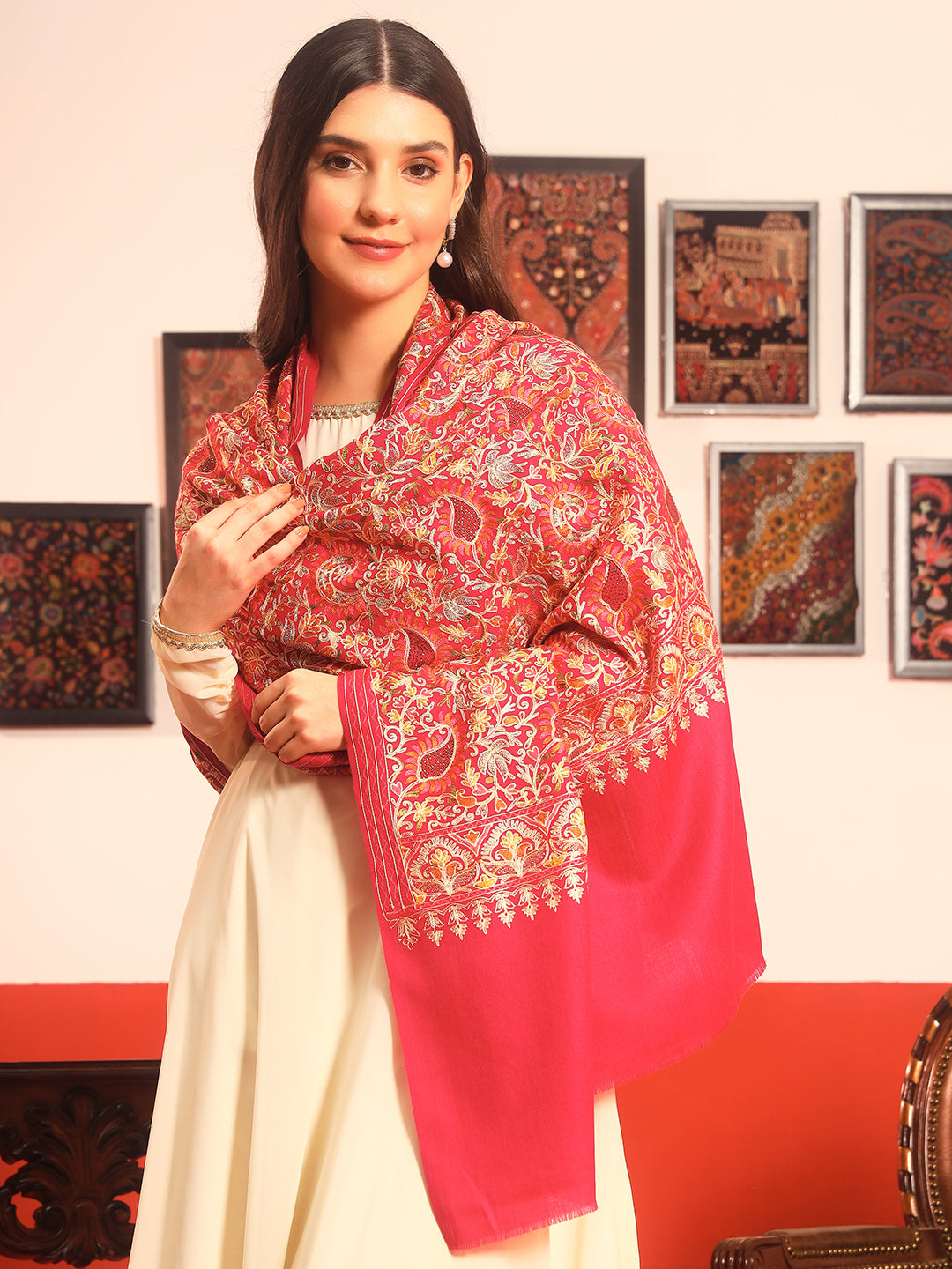 Pashmoda Women Ruhani Fine Wool Nalki Hand Embroidered Shawl (Size: 101x203 Cm)