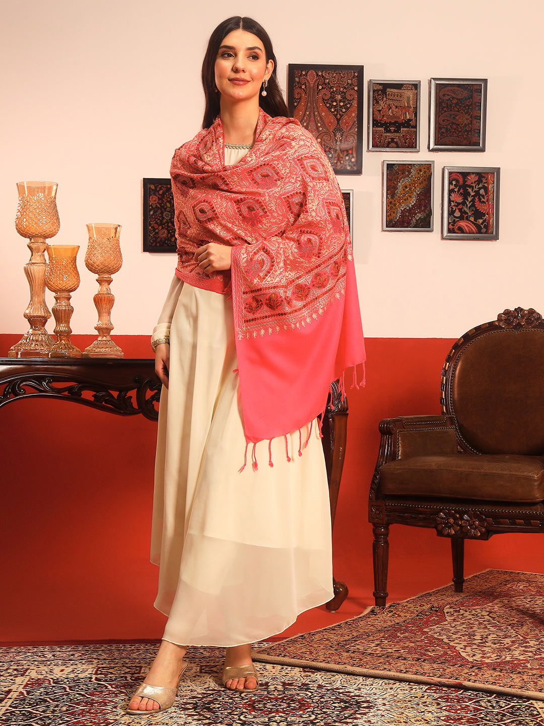 Pashmoda Women Ornate Harmony Fine Wool Nalki Embroidered Stole (Size : 71X203 CM)