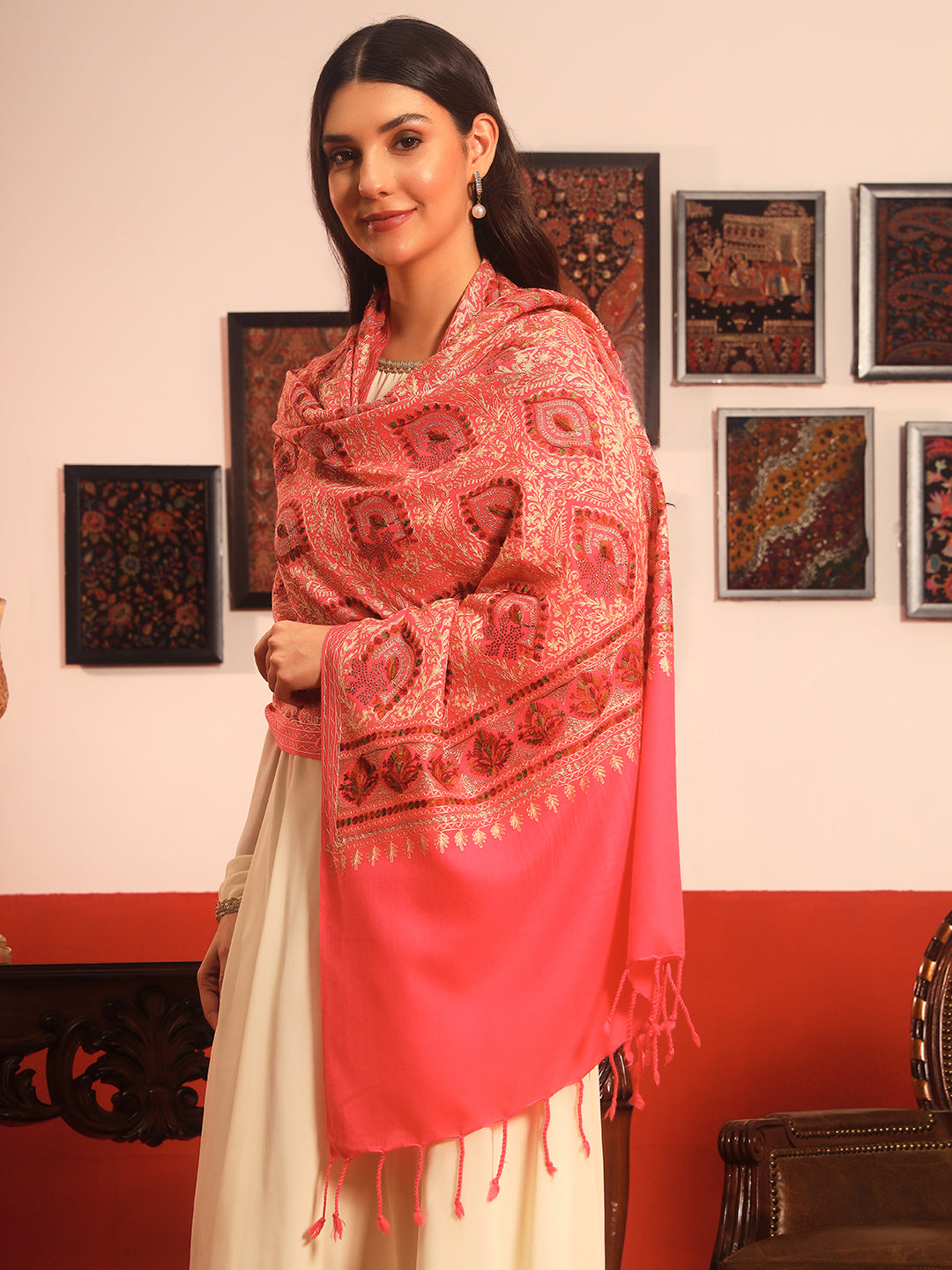 Pashmoda Women Ornate Harmony Fine Wool Nalki Embroidered Stole (Size : 71X203 CM)