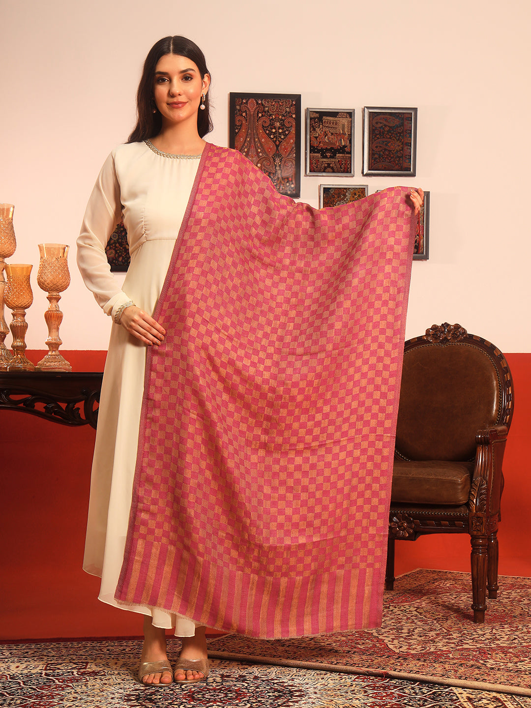 Pashmoda Women Champagne Check Reversible Zari Moonlight Fine Wool Stole (Size: 71x203 Cm)