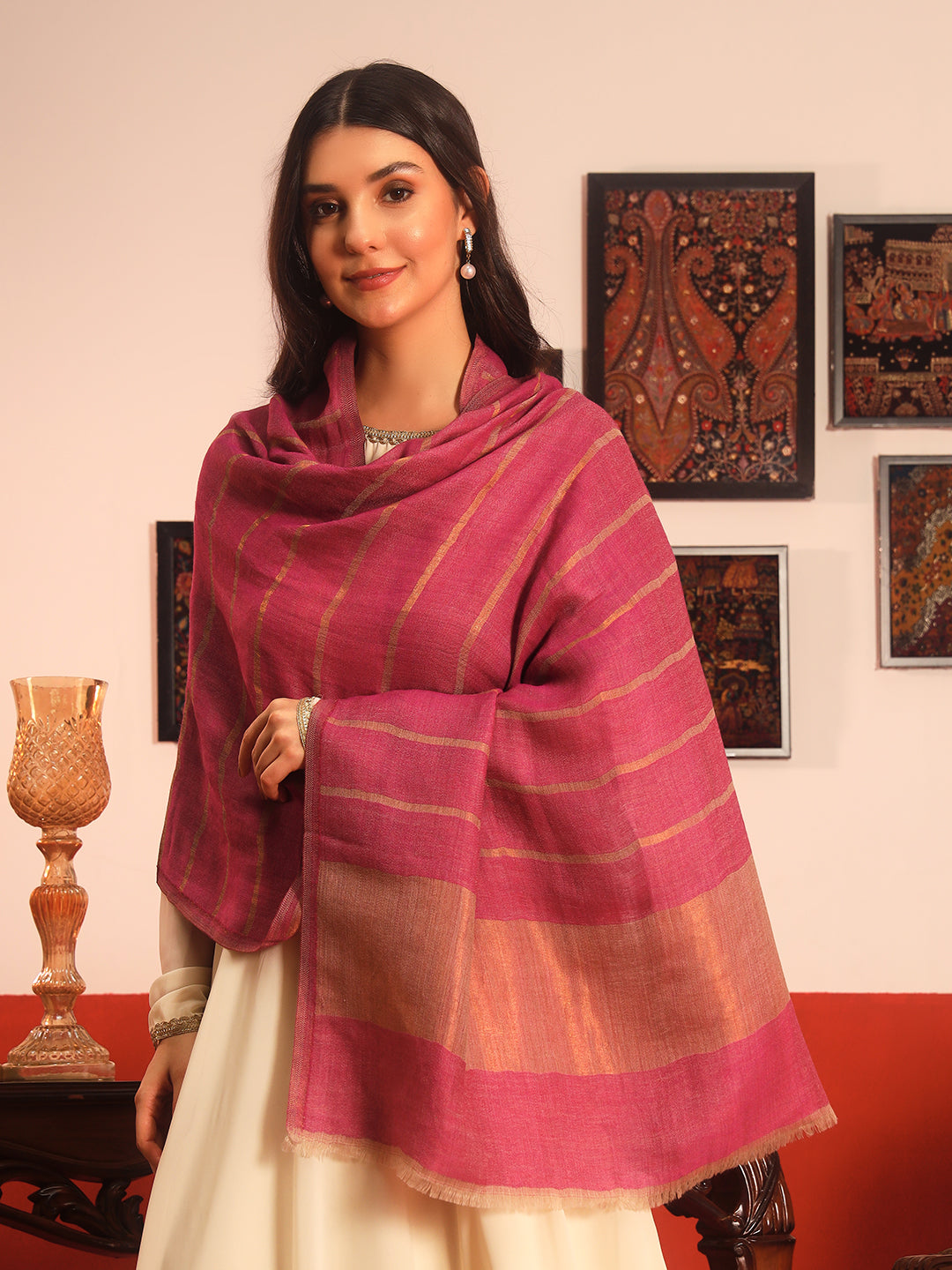 Pashmoda Women Parallel Grace Reversible Zari Moonlight Fine Wool Stole (Size: 71x203 Cm)