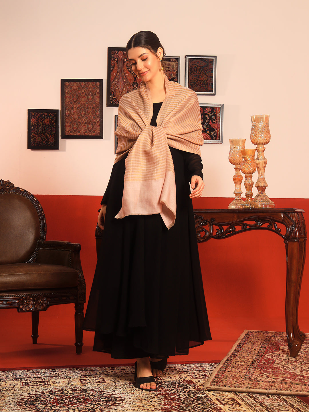 Pashmoda Women Golden Eclipse Reversible Zari Moonlight Fine Wool Stole (Size: 71x203 Cm)