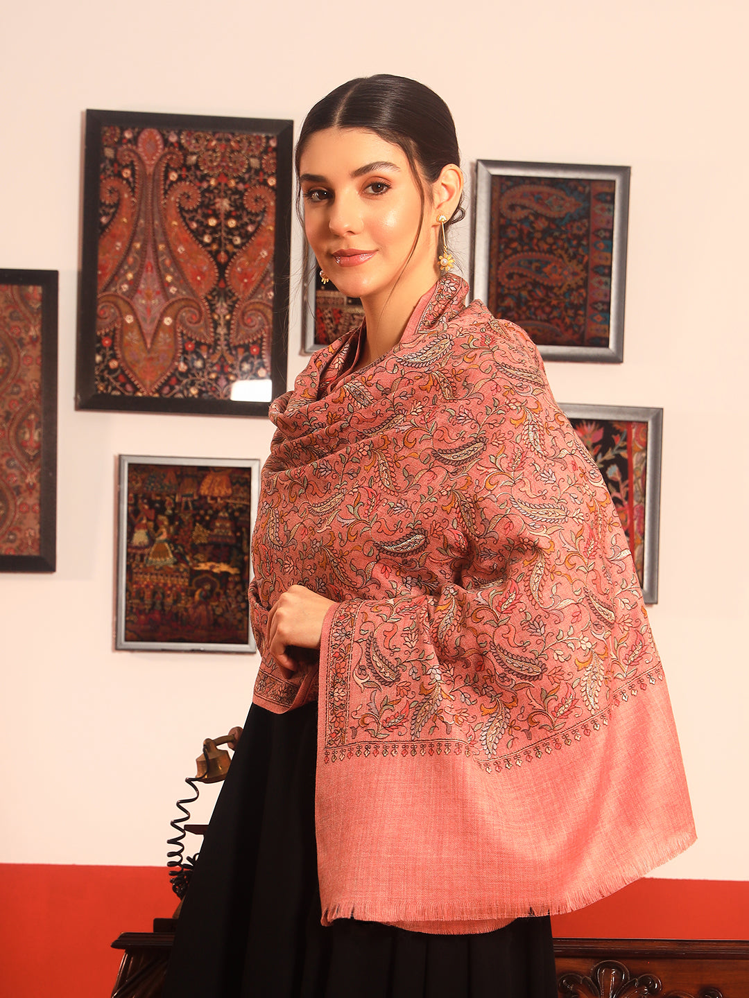 Pashmoda Women’s 100% Pure Wool Sozni Hand Embroidered Stole (Size: 71x203 cm)