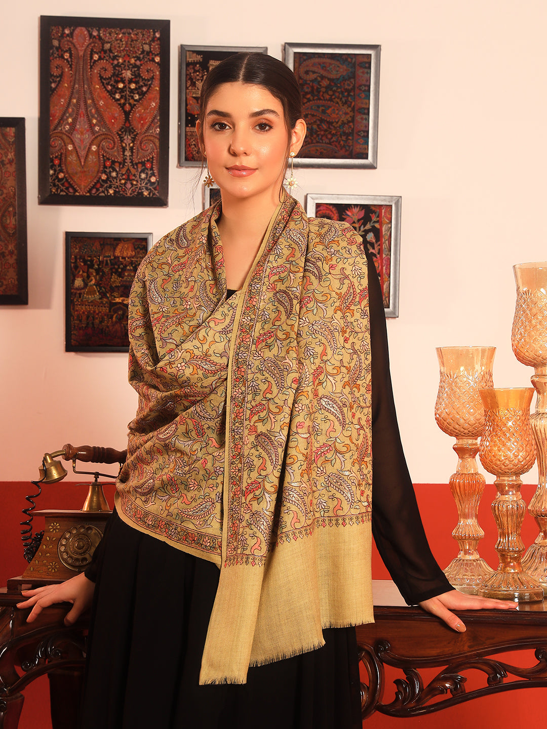 Pashmoda Women’s 100% Pure Wool Sozni Hand Embroidered Stole (Size: 71x203 cm)