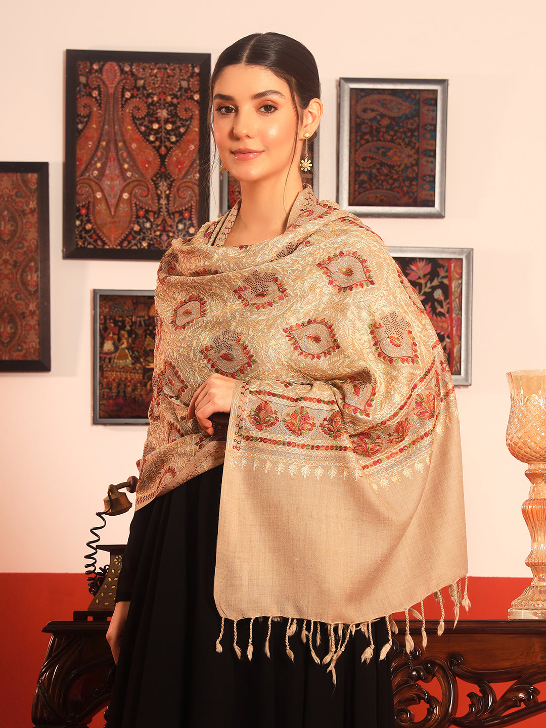 Pashmoda Women Ornate Harmony Fine Wool Nalki Embroidered Stole (Size : 71X203 CM)