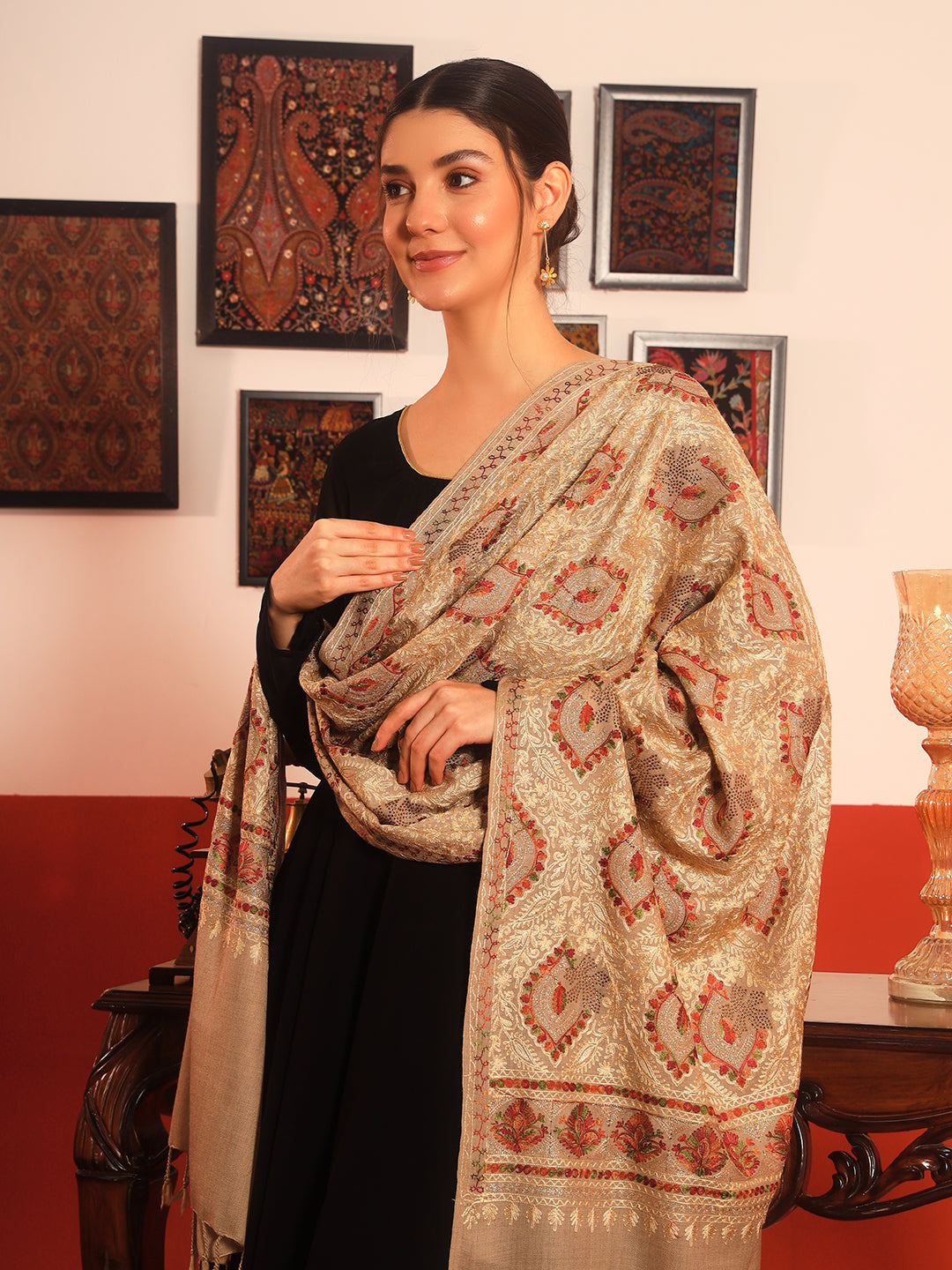 Pashmoda Women Ornate Harmony Fine Wool Nalki Embroidered Stole (Size : 71X203 CM)