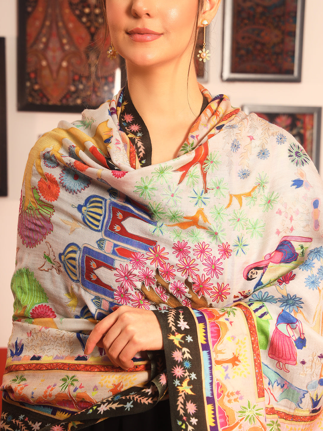 Pashmoda Women Naqshkaar Fine Wool Fabric Pashmina Kalamkari Embroidered Shawl (Size: 101x203 CM)