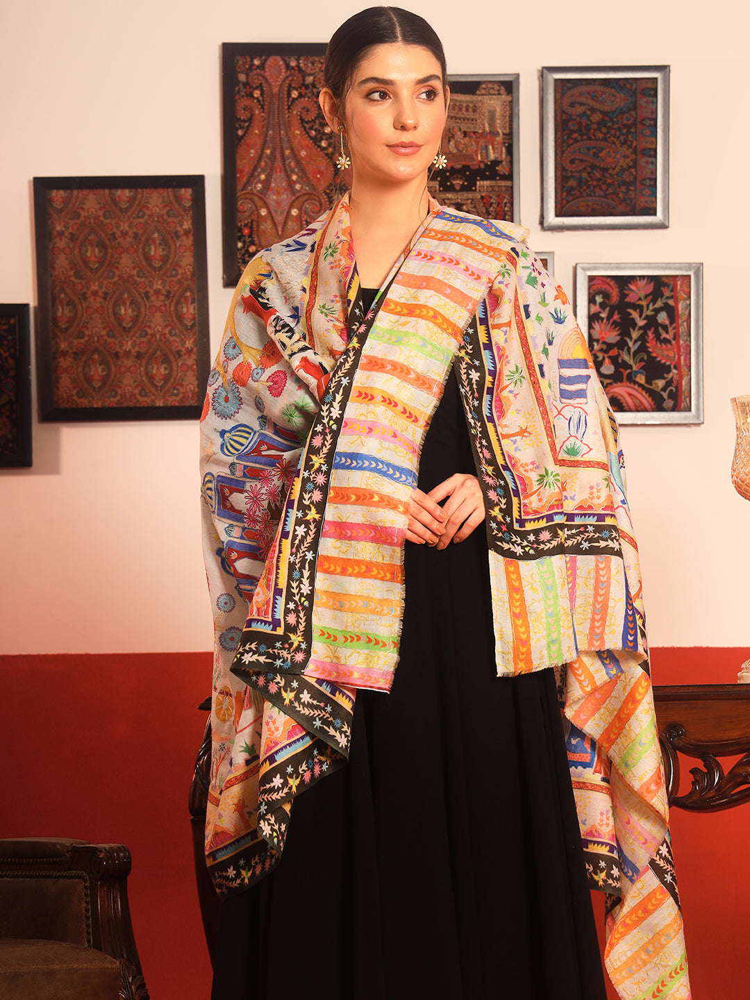 Pashmoda Women Naqshkaar Fine Wool Fabric Pashmina Kalamkari Embroidered Shawl (Size: 101x203 CM)