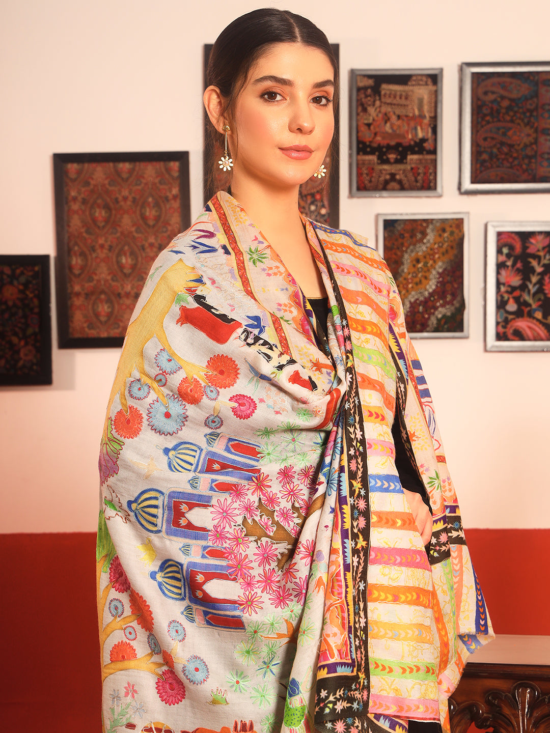 Pashmoda Women Naqshkaar Fine Wool Fabric Pashmina Kalamkari Embroidered Shawl (Size: 101x203 CM)