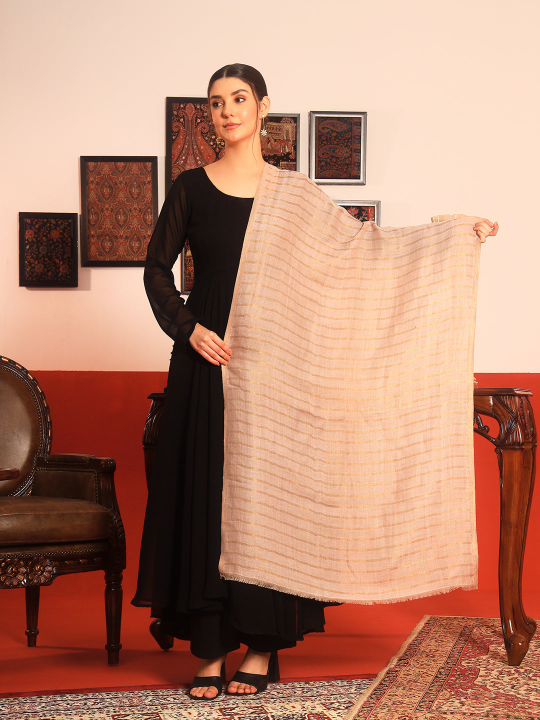 Pashmoda Women Golden Mirage Reversible Zari Moonlight Fine Wool Stole (Size: 71x203 Cm)