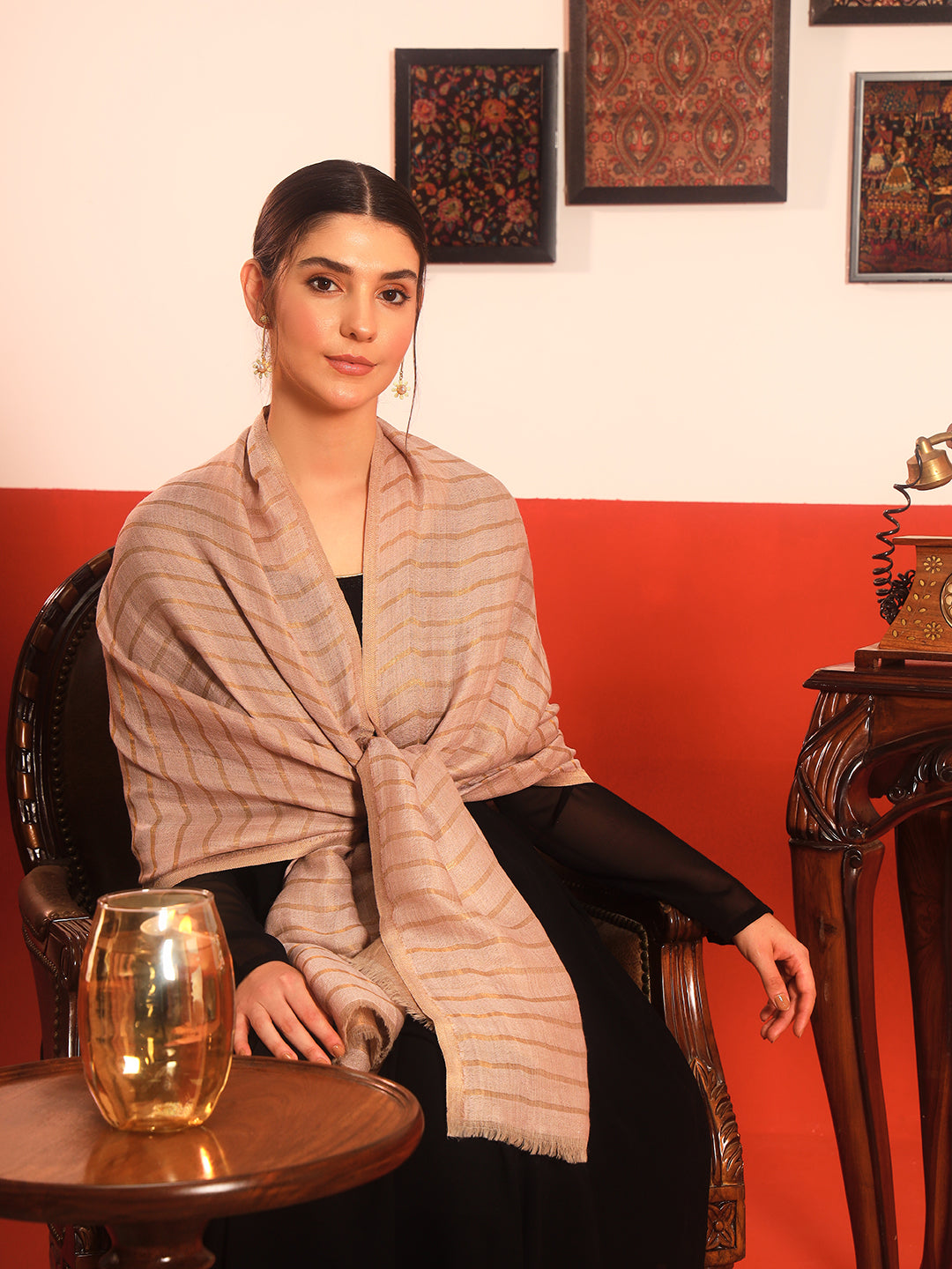 Pashmoda Women Golden Mirage Reversible Zari Moonlight Fine Wool Stole (Size: 71x203 Cm)