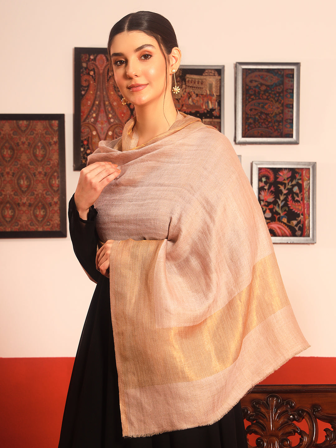 Pashmoda Women Midnight Bronze Reversible Zari Moonlight Fine Wool Stole (Size: 71x203 Cm)