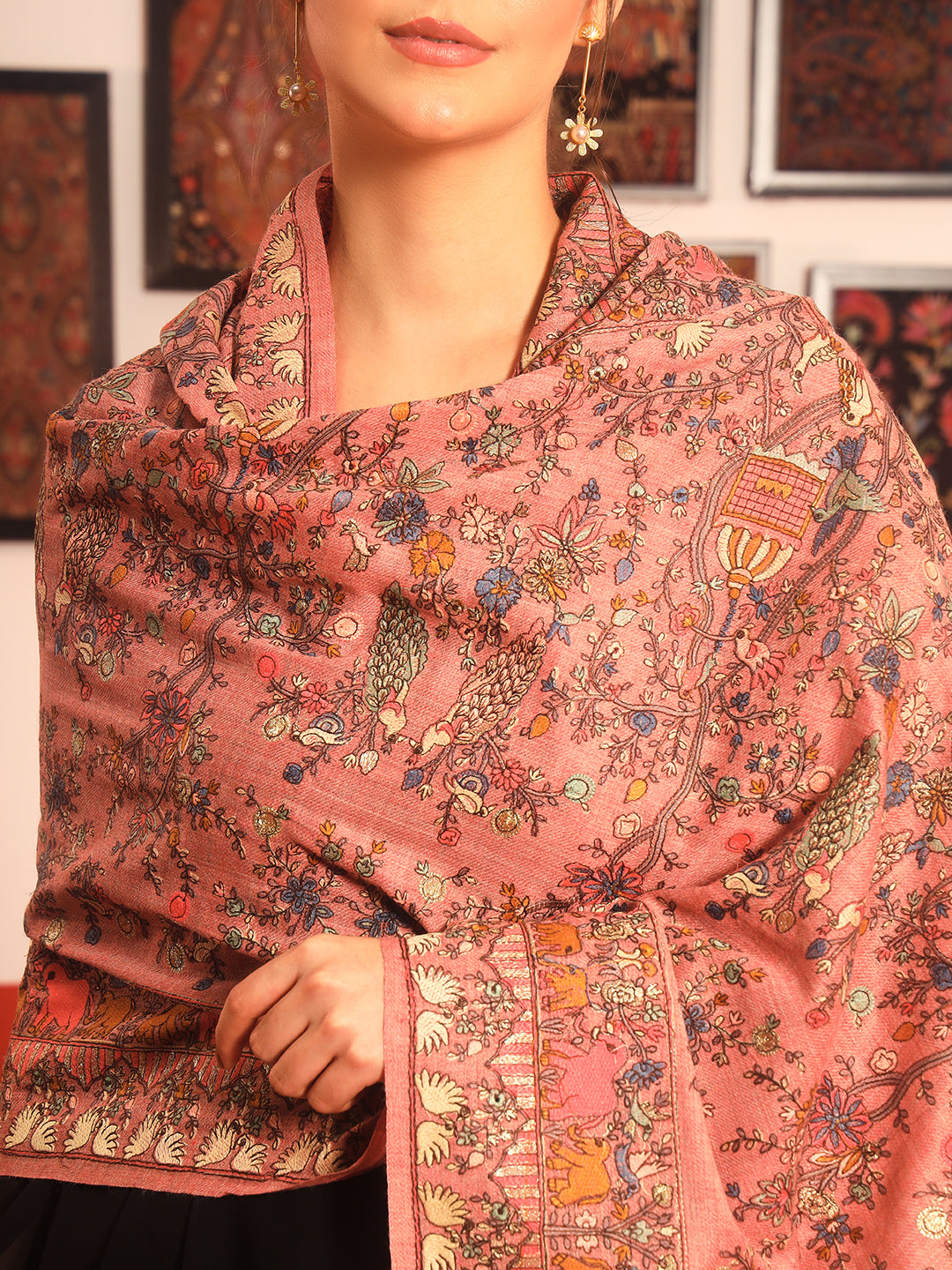 Pashmoda Women Naqsh 100% Pure Wool Sozni Hand Embroidered Stole (Size: 71x203cm)