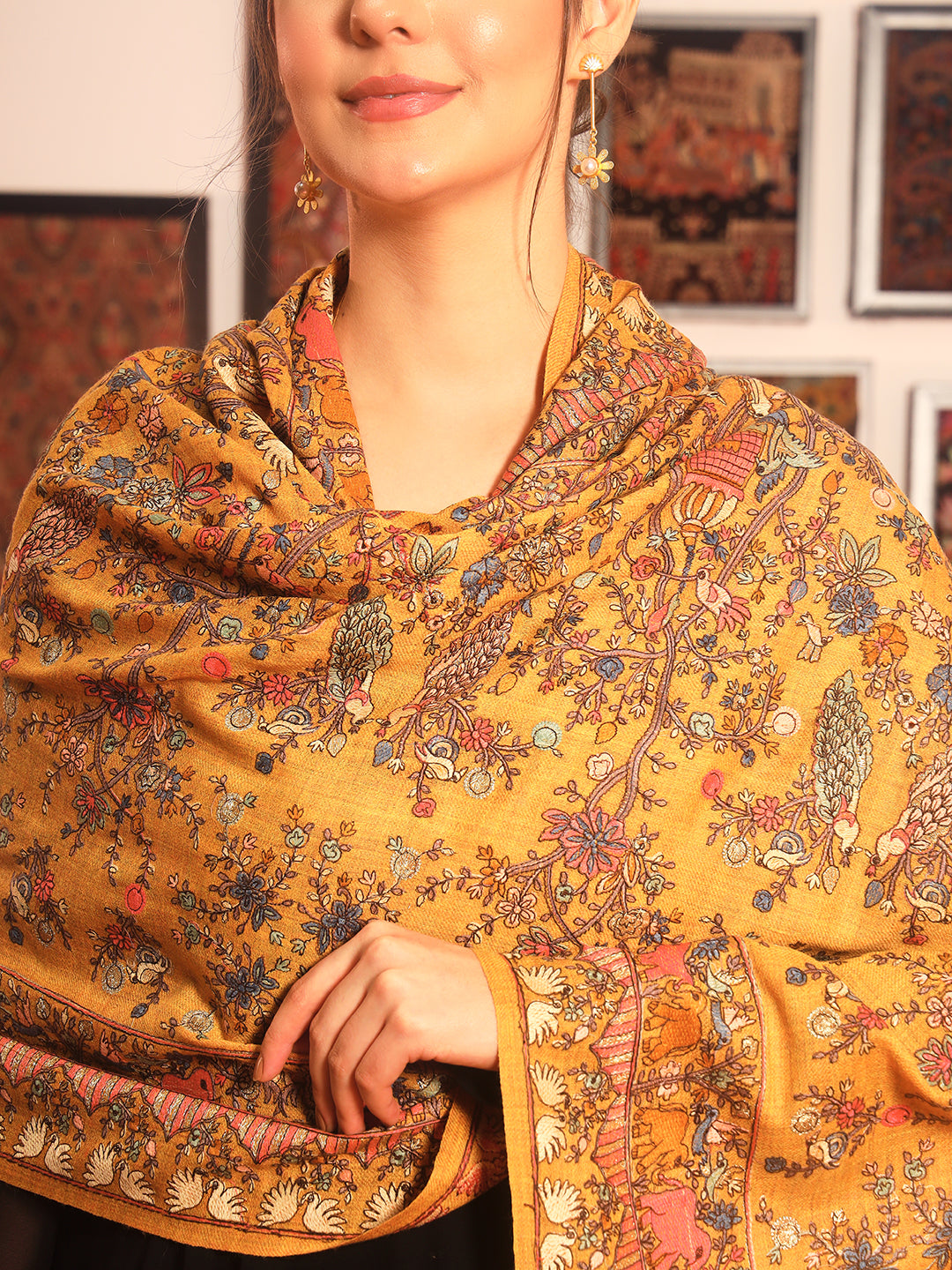 Pashmoda Women Naqsh 100% Pure Wool Sozni Hand Embroidered Stole (Size-71x203 Cm)