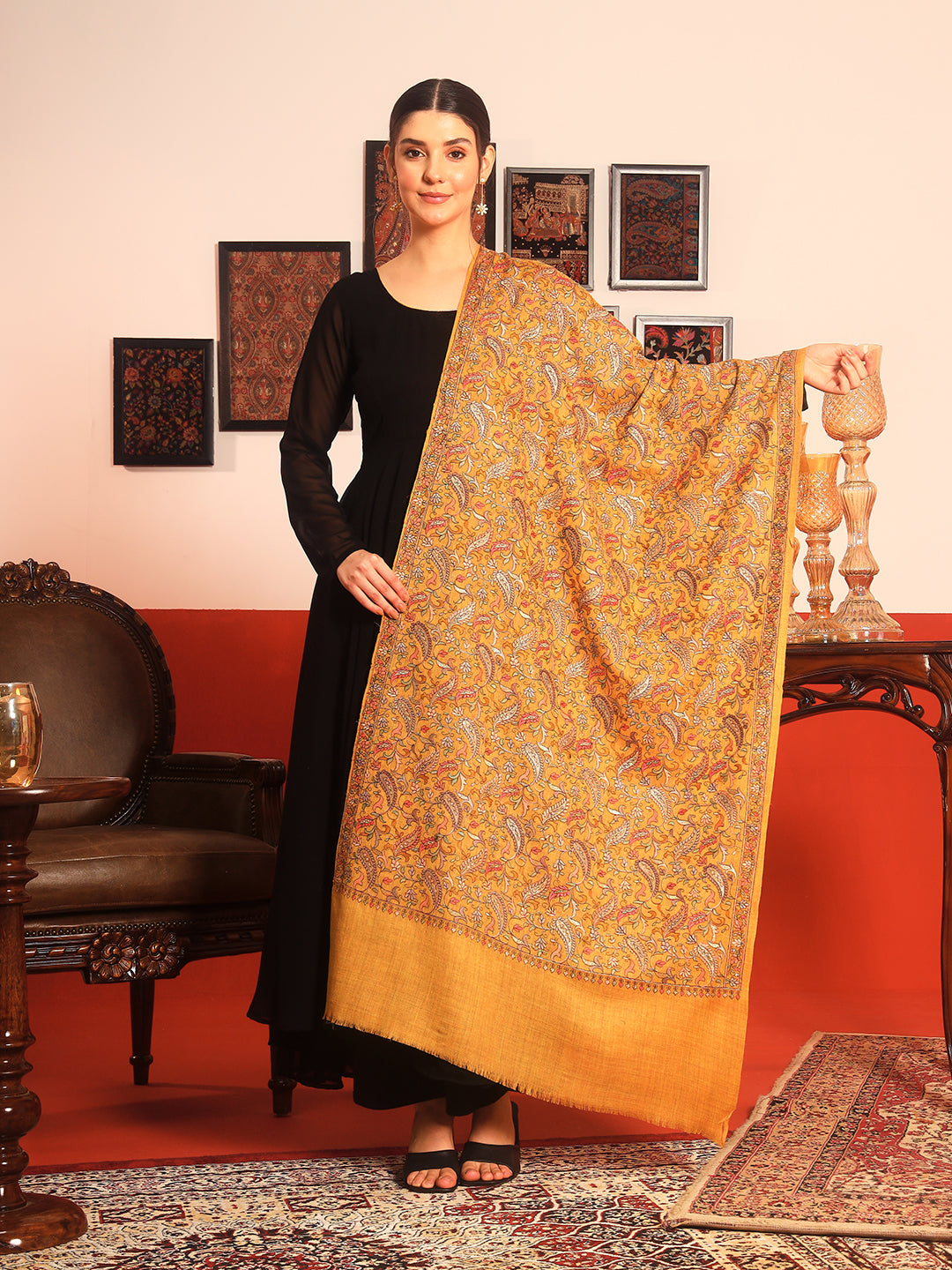 Pashmoda Women’s 100% Pure Wool Sozni Hand Embroidered Stole (Size: 71x203 cm)